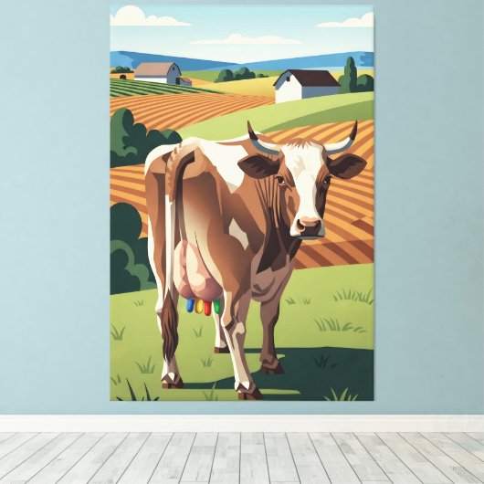 Surreal WPA styled cow Canvas Afdruk (Insitu (Houten vloer))