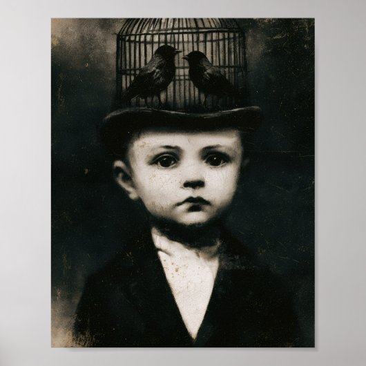 Surreal zwart-wit gekooide vogelhoed kind poster (Voorkant)