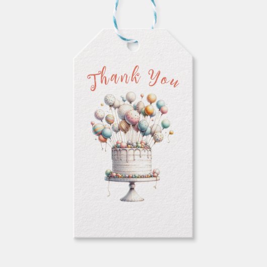 Surrealist, ballonnen en verjaardagstaart dank je cadeaulabel (Voorkant)