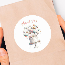 Surrealist, ballonnen en verjaardagstaart dank je ronde sticker