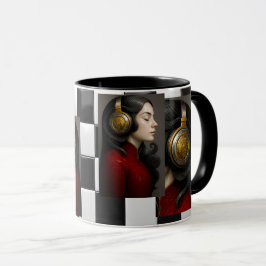 Surrealistisch beeld van vrouw en muziek mok