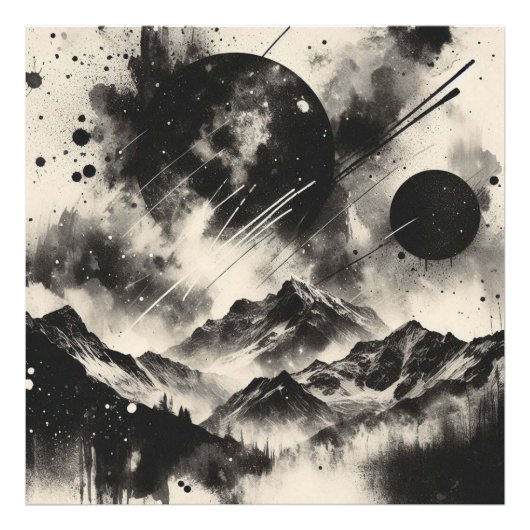 Surrealistisch berglandschap met Abstracte cirkels Foto Afdruk (Voorkant)