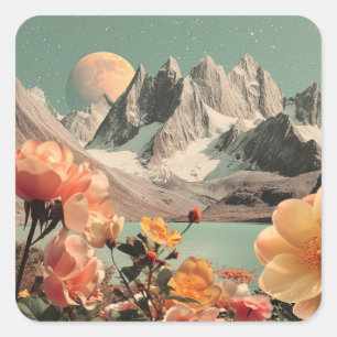 Surrealistisch berglandschap met bloeiende bloemen vierkante sticker
