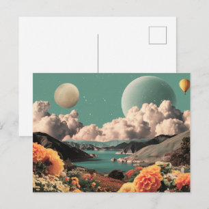 Surrealistisch berglandschap met planeten en wolke briefkaart