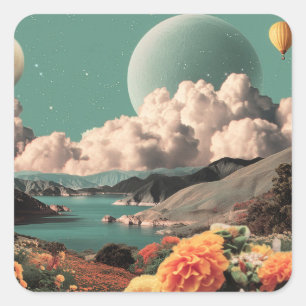 Surrealistisch berglandschap met planeten en wolke vierkante sticker
