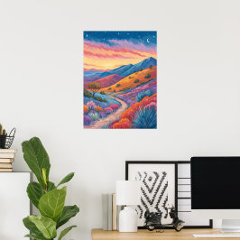 Surrealistisch berglandschap schilderij bij zonson poster