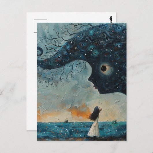 Surrealistisch blauw gezicht en een meisje briefkaart (Voorkant / Achterkant)