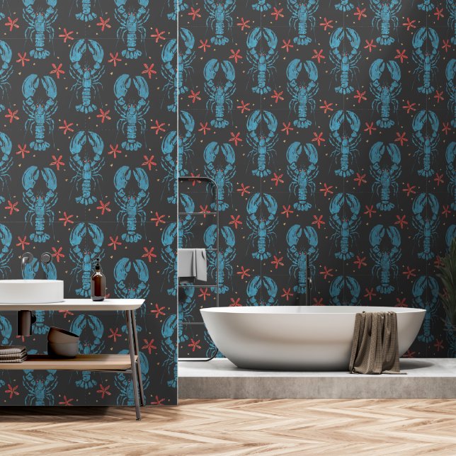Surrealistisch Dierlijk Ontwerp Met blauwe kreefte Behang (Badkamer)