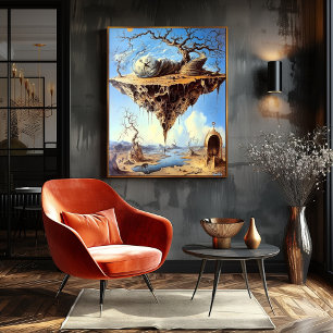 Surrealistisch drijvend land met wenteltrap poster