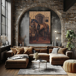 Surrealistisch droomlandschap van een hol paard in poster