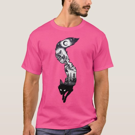 Surrealistisch Fox Silhouet met bergen Tress Moon T-shirt (Voorkant)