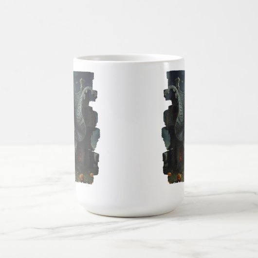 Surrealistisch griezelig spookhuis met pompoenen e koffiemok (Center)