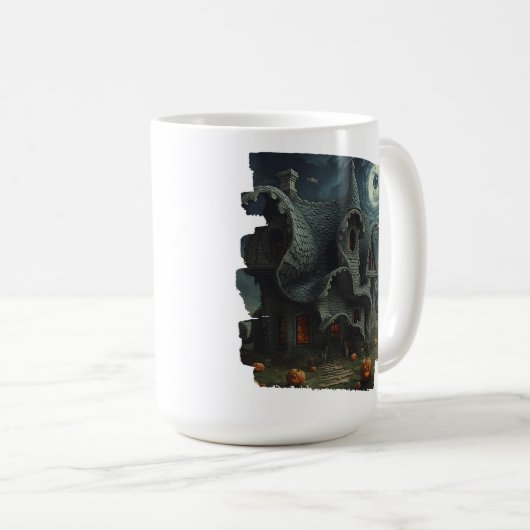 Surrealistisch griezelig spookhuis met pompoenen e koffiemok (Voorkant rechts)