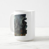 Surrealistisch griezelig spookhuis met pompoenen e koffiemok (Voorkant links)