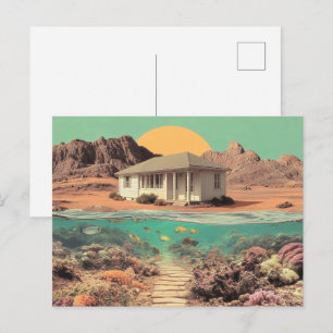 Surrealistisch huis in de woestijn met onderwater briefkaart