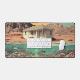 Surrealistisch huis in de woestijn met onderwater bureaumat