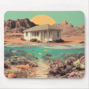 Surrealistisch huis in de woestijn met onderwater  muismat