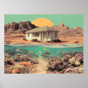 Surrealistisch huis in de woestijn met onderwater poster