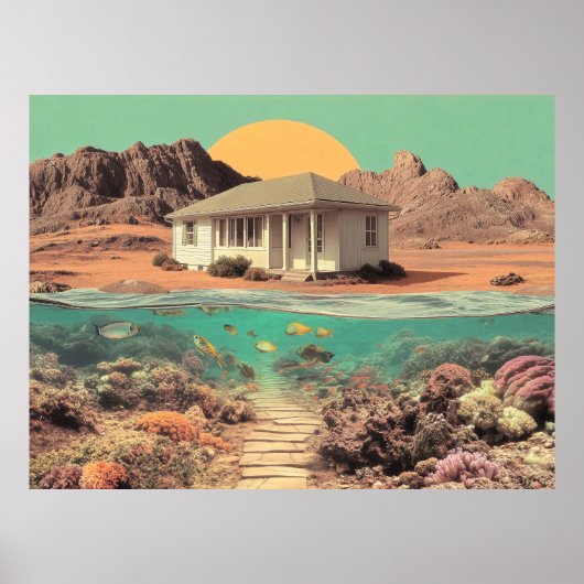 Surrealistisch huis in de woestijn met onderwater  poster (Voorkant)