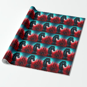Surrealistisch ingewikkeld zwart ridder schaakstuk cadeaupapier