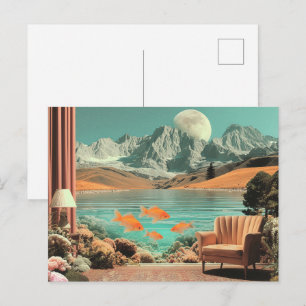 Surrealistisch interieur met vis en maanverlicht l briefkaart