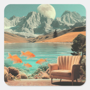 Surrealistisch interieur met vis en maanverlicht l vierkante sticker