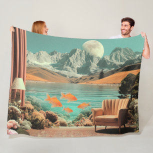 Surrealistisch interieur met vissen en maanverlich fleece deken