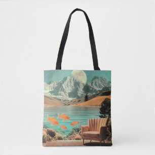 Surrealistisch interieur met vissen en maanverlich tote bag