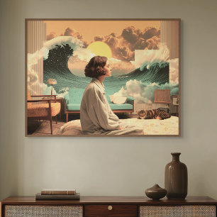Surrealistisch interieur met vrouw en kat canvas afdruk