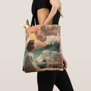 Surrealistisch interieur met vrouw en kat tote bag