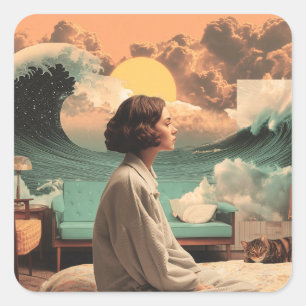 Surrealistisch Interieur Met Vrouw en Kat Vierkante Sticker