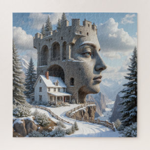 Surrealistisch kasteel gezicht in besneeuwde berge legpuzzel