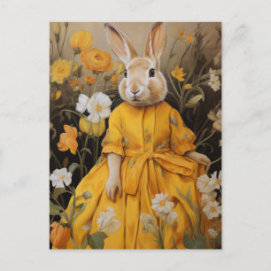 Surrealistisch konijn in gele jurk en bloemen briefkaart
