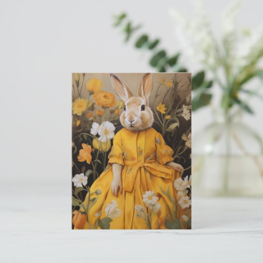 Surrealistisch konijn in gele jurk en bloemen briefkaart (Staand voorkant)