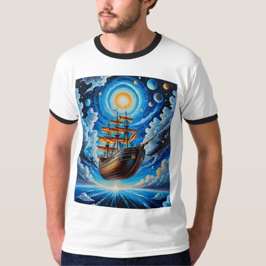 Surrealistisch kosmisch vliegend schip Fantasy Art T-shirt (Voorkant)