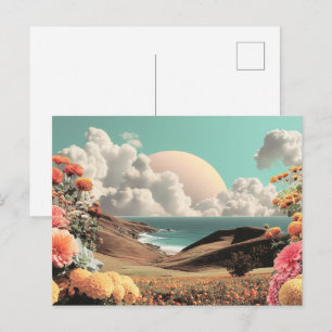 Surrealistisch kustlandschap met bloemen en wolken briefkaart