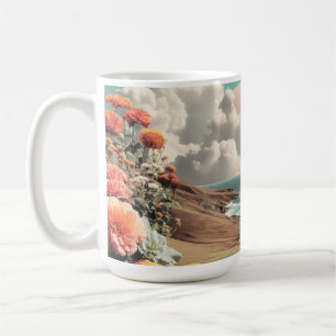 Surrealistisch kustlandschap met bloemen en wolken koffiemok