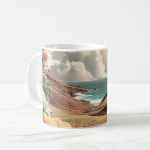 Surrealistisch kustlandschap met bloemen en wolken koffiemok
