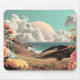 Surrealistisch kustlandschap met bloemen en wolken muismat
