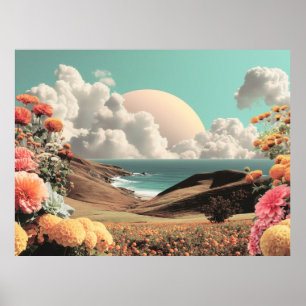 Surrealistisch kustlandschap met bloemen en wolken poster