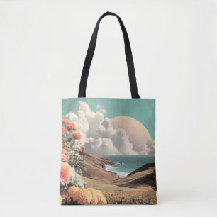 Surrealistisch kustlandschap met bloemen en wolken tote bag