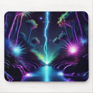 Surrealistisch landschap bliksem slaat neon stream muismat