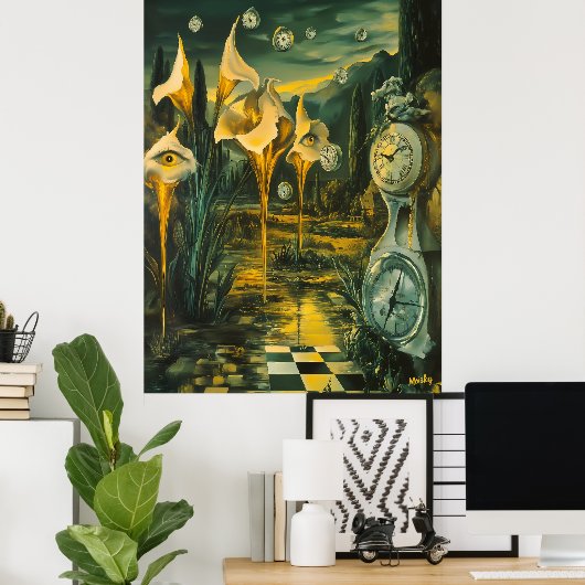 Surrealistisch landschap met smeltende klokken en  poster (Thuiskantoor)