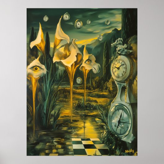 Surrealistisch landschap met smeltende klokken en  poster (Voorkant)