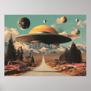 Surrealistisch landschap met weg, UFO en Saturnus Poster