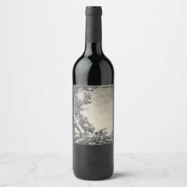 Surrealistisch maanverlichte boom- en rotslandscha wijn etiket