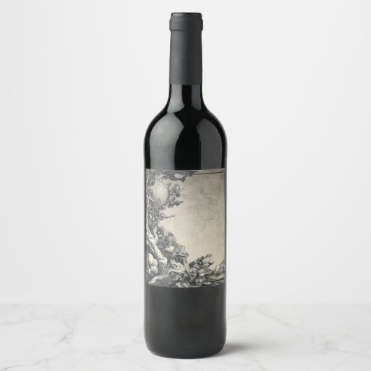 Surrealistisch maanverlichte boom- en rotslandscha wijn etiket (Voorkant)