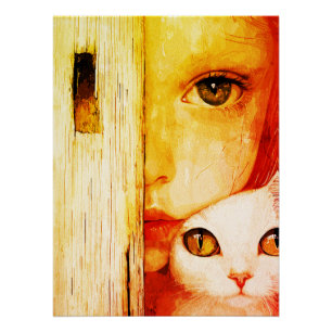 Surrealistisch meisje en kat muurkunst – Groene og Perfect Poster
