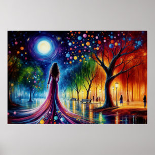 Surrealistisch meisje fantasie maanlicht park rege poster