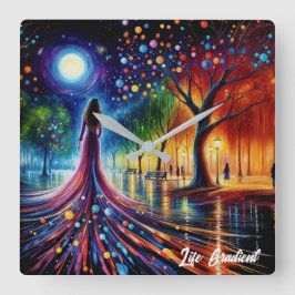 Surrealistisch meisje fantasie maanlicht park rege vierkante klok